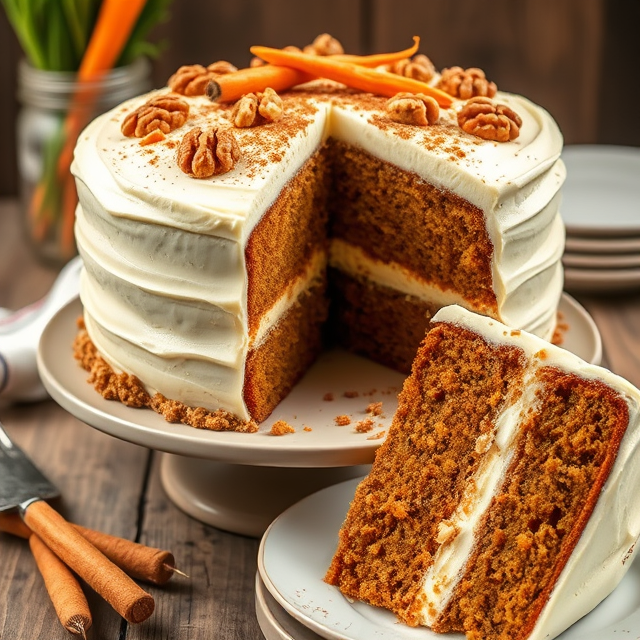 moist carrot cake layered with rich cream cheese frosting